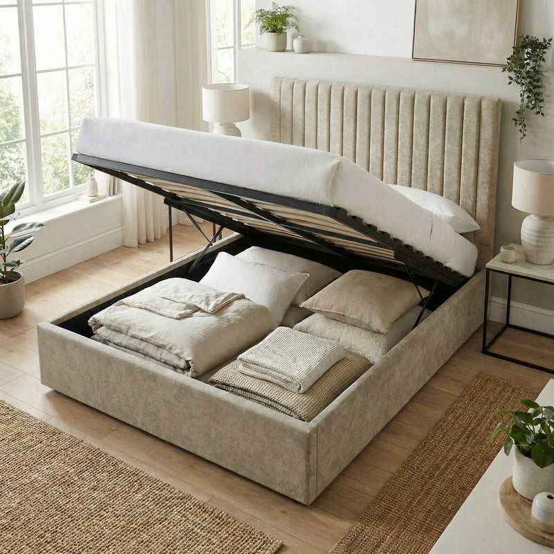 Sollom Double Size Tall Ottoman Storage Bedframe - Marbled Sand Fabric