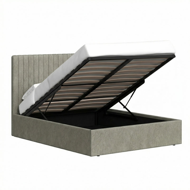 Sollom King Size Tall Ottoman Storage Bedframe - Marbled Sand Fabric