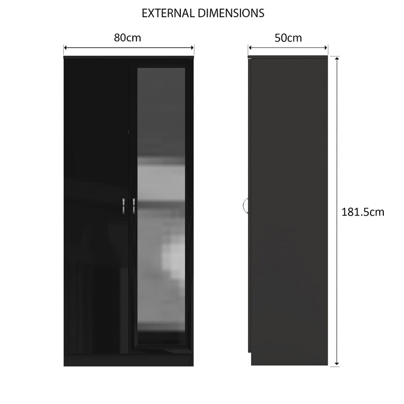 FWStyle Chilton 2 Door Wardrobe With Mirror - Black Gloss Front