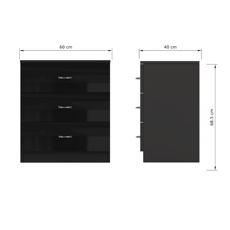 FWStyle Chilton 3 Drawer Chest Of Drawers - Black Gloss Front