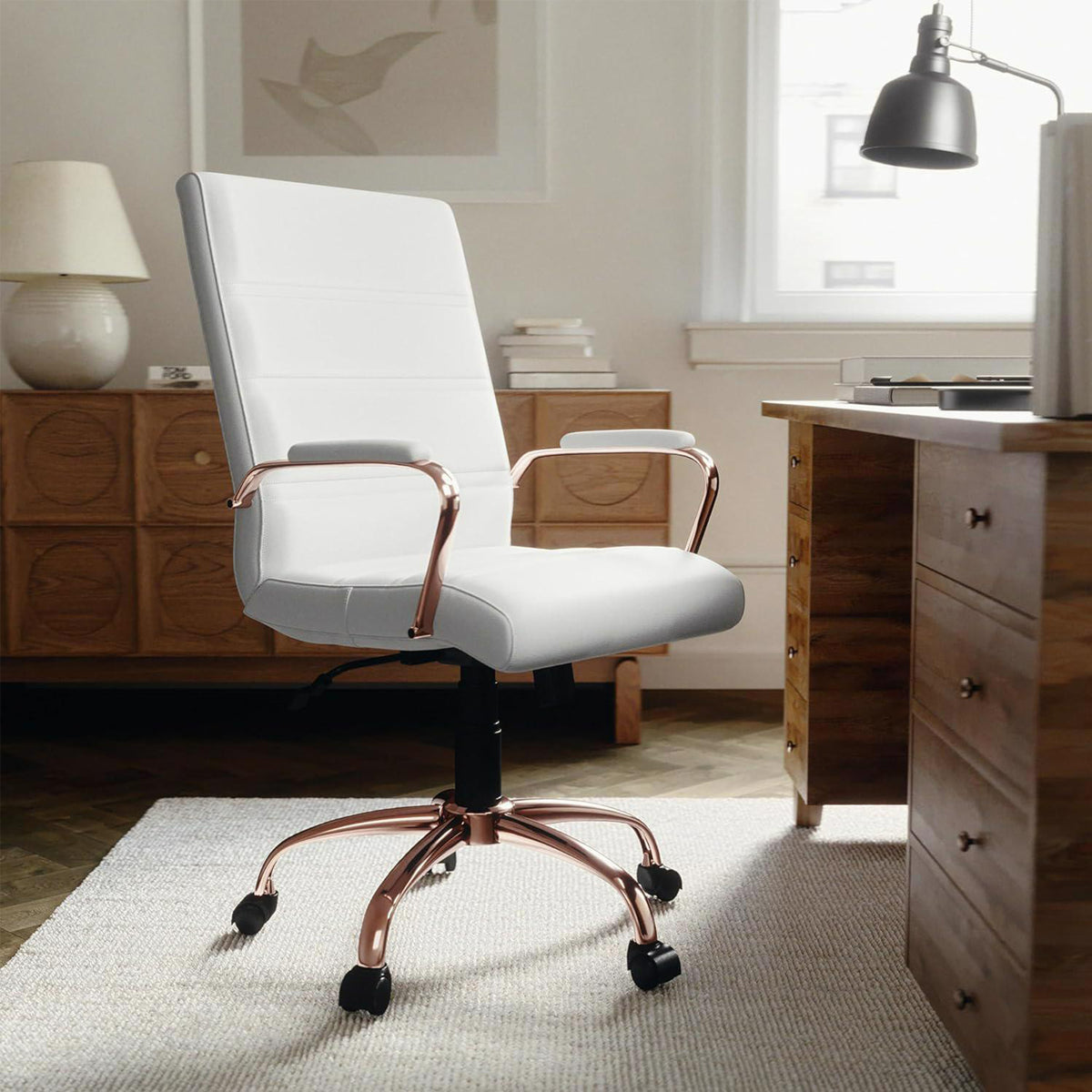 White & Rose Gold Faux Leather Low Back Designer Office Chair