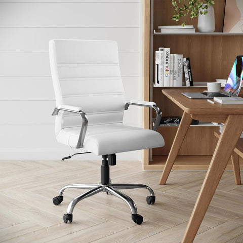 White & Chrome Faux Leather Low Back Designer Office Chair