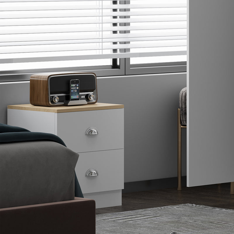 FWStyle Esher 2 Drawer Bedside Table Matt White With Oak Top