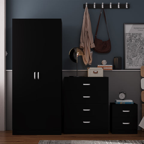 FWStyle Tunis 3 Piece Bedroom Furniture Set - Matt Black - Wardrobe + Chest + Bedside