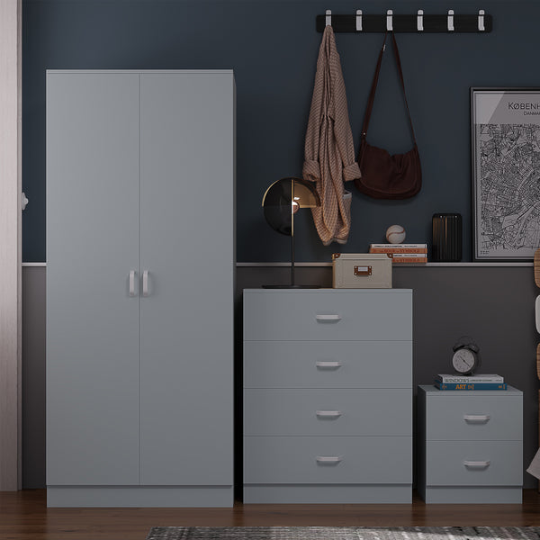 Tunis 3 Piece Bedroom Furniture Set - Matt Grey - Wardrobe + Chest + Bedside