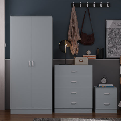 FWStyle Tunis 3 Piece Bedroom Furniture Set - Matt Grey - Wardrobe + Chest + Bedside