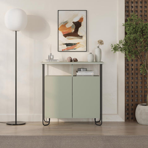 Cornea 2 Door Sideboard Buffet Unit Ash Green with Open Shelf & Black Metal Frame