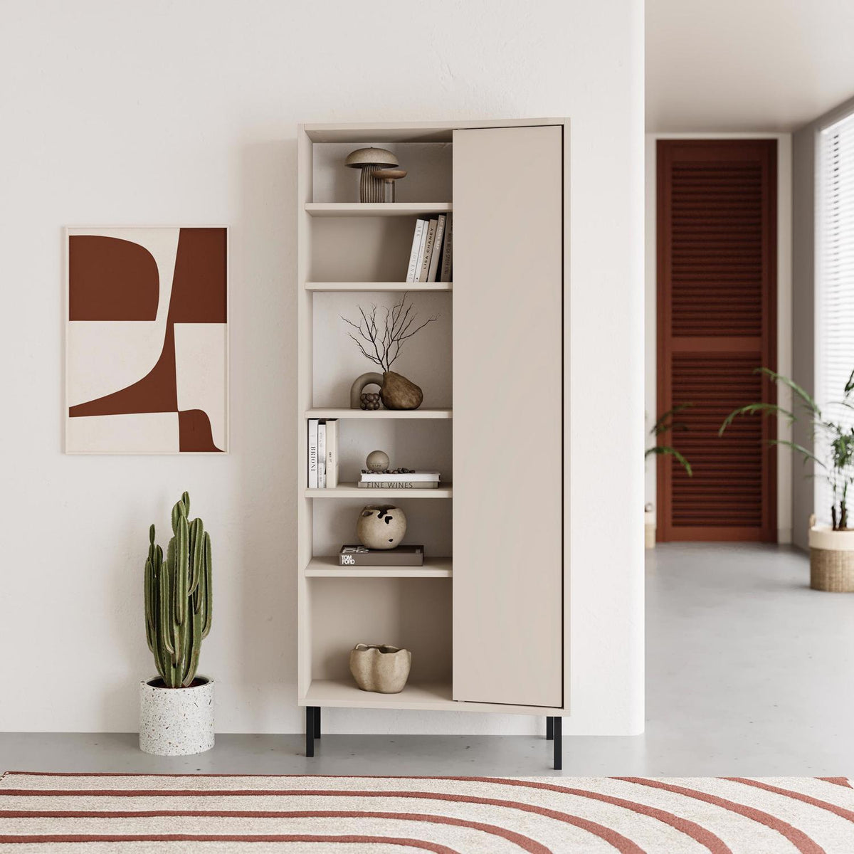 Frem Curved 5 Tier Tall Bookcase with 1 Door – Sandstone – 175.5 cm