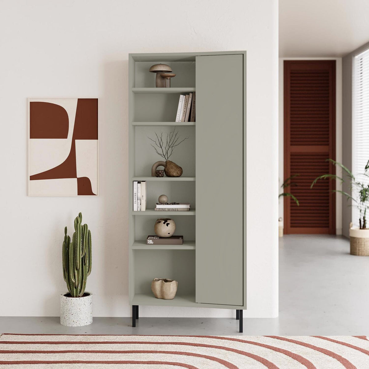Frem Curved 5 Tier Tall Bookcase with 1 Door – Ash Green – 175.5 cm