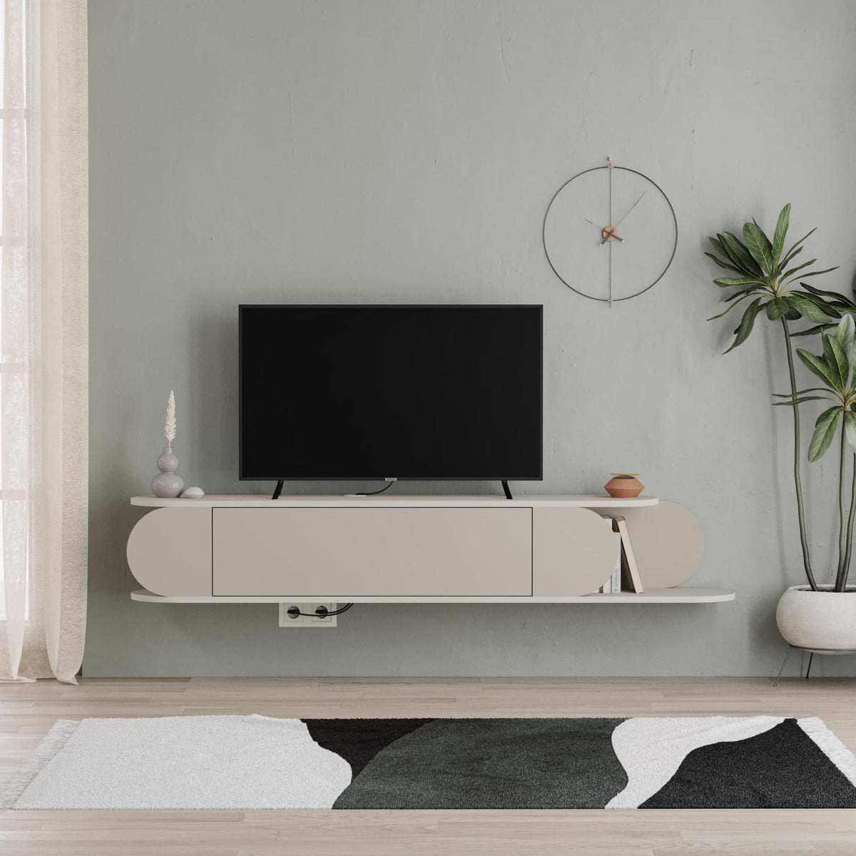 Tone Modern Wall Mounted TV Unit Stand Sandstone with Storage