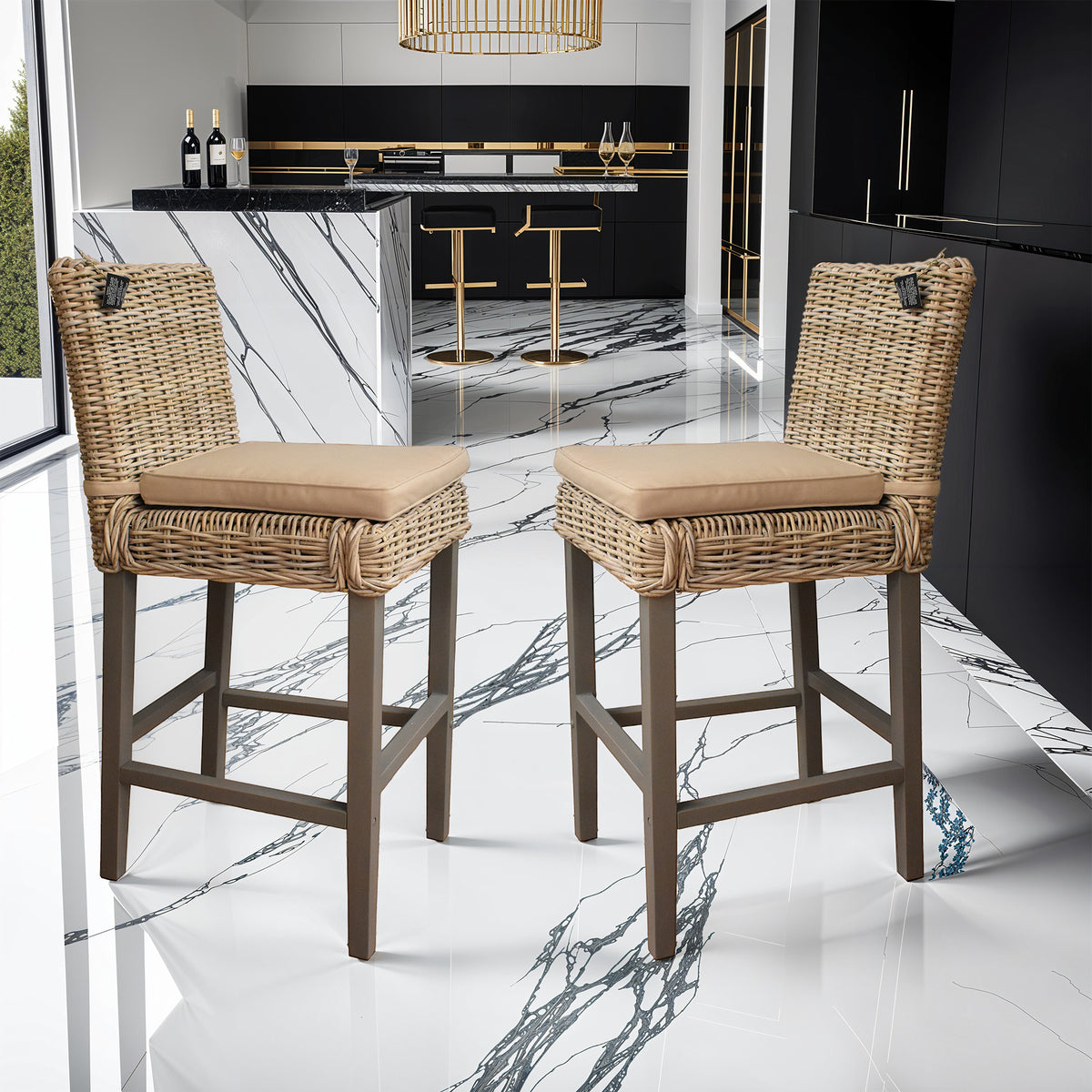 Set of 2 greywash Kubu rattan bar stools, hand-woven, 106cm high