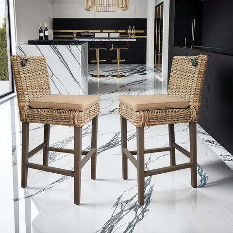 Set of 2 greywash Kubu rattan bar stools, hand-woven, 106cm high