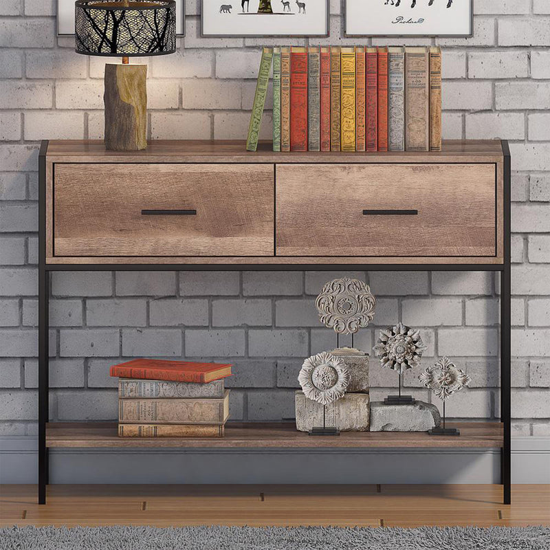FWStyle Loft Industrial 2 Drawer Console Table Wood Effect Black Metal Frame