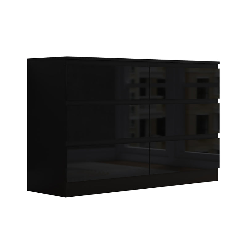 FWStyle Stora 6 Drawer Wide 3+3 Chest Of Drawers - Black Gloss Front
