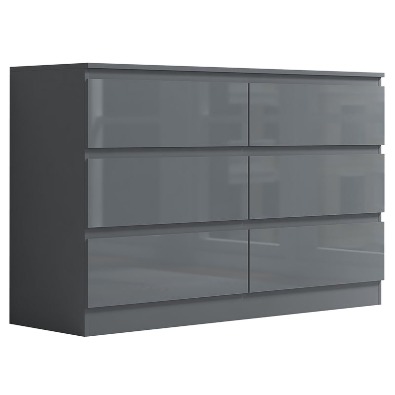 FWStyle Stora 6 Drawer Wide 3+3 Chest Of Drawers - Grey Gloss Front