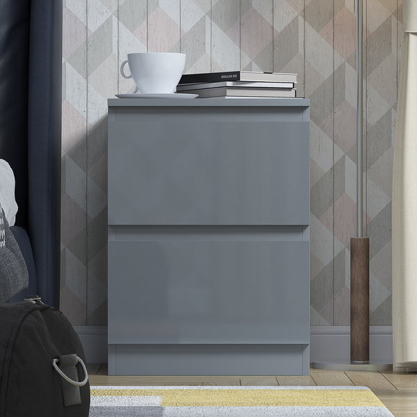 Stora 2 Drawer Bedside Cabinet - Grey Gloss Front