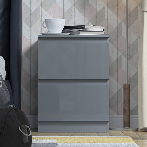 FWStyle Stora 2 Drawer Bedside Cabinet - Grey Gloss Front