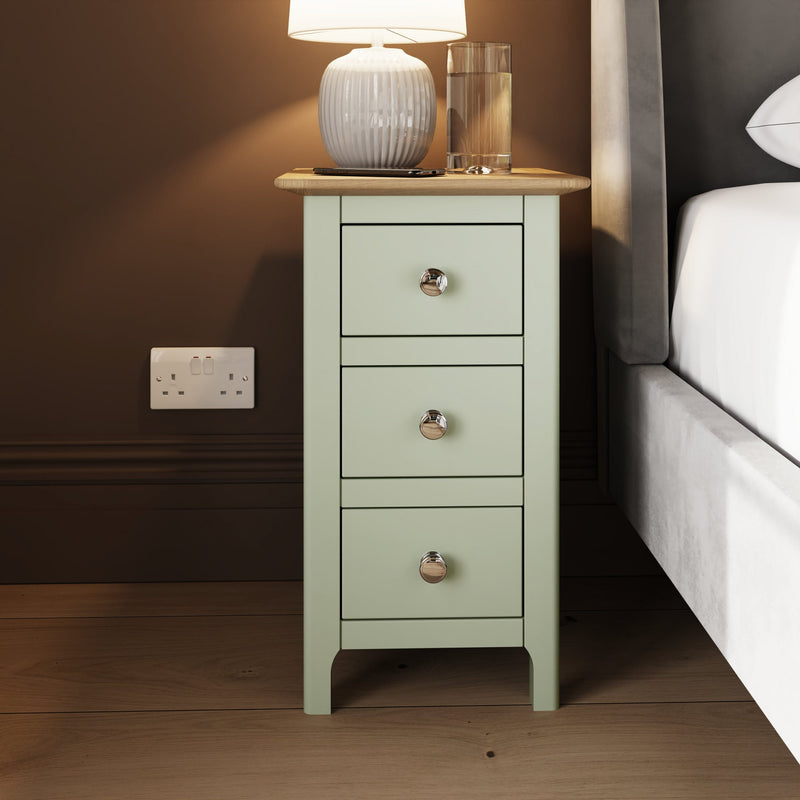 Taberno Oak 3 Drawer Bedside Table Nightstand Cabinet Sage Green