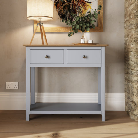 Taberno Oak 2 Drawer Console Hallway Table Dove Grey