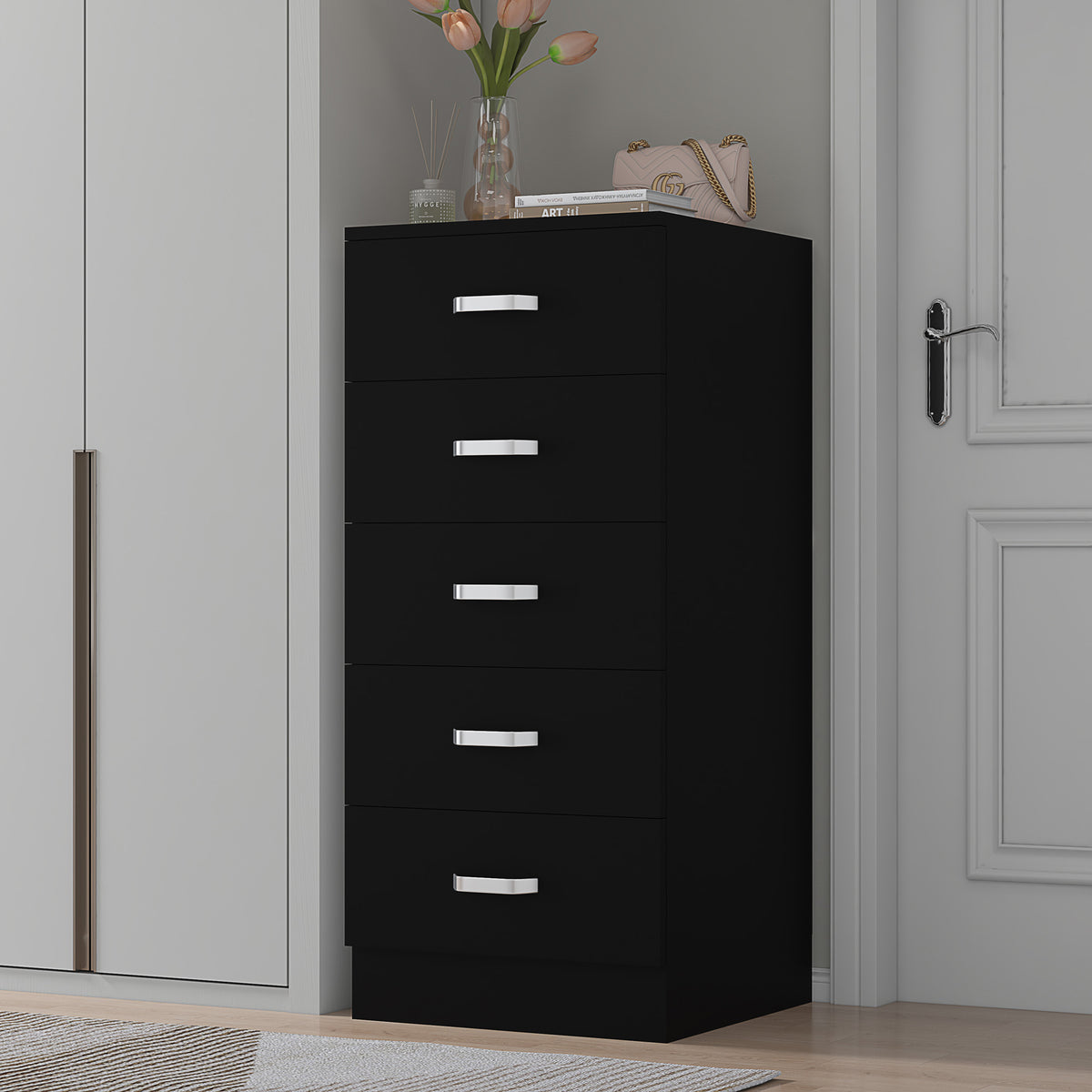 Tunis 5 Drawer Tallboy Slim Chest Of Drawers - Matt Black