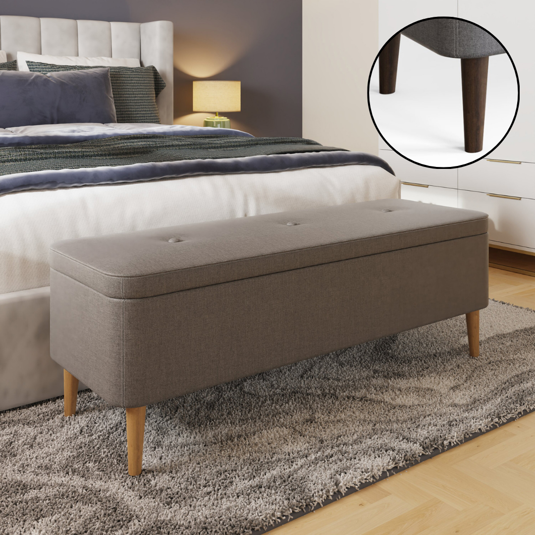 Grey Linen Ottoman Storage Bench | Solid Wood Legs | Tufted Lid | 55L Storage